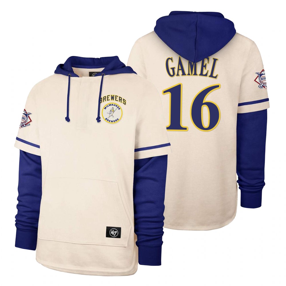 Men Milwaukee Brewers #16 Gamel Cream 2021 Pullover Hoodie MLB Jersey